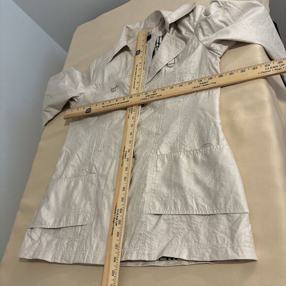 Click Collection Trench Coat Large Beige Pocket Missing Belt Collar Lapel Notch - Picture 10 of 11